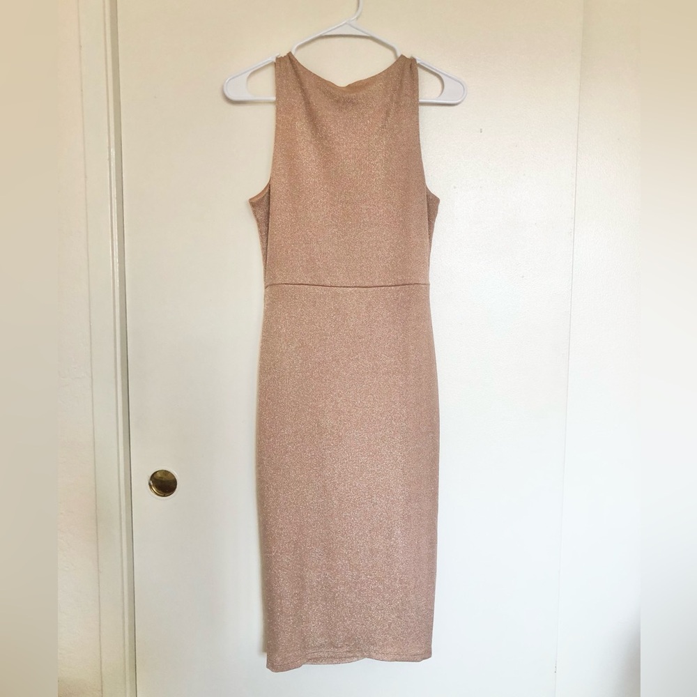 Forever 21 Gold Shimmer Ruched Side Slit Midi Dress NWOT - Picture 3 of 7